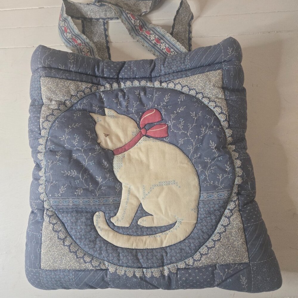 Tote Bag Quilt Handmade Cat Blue and Cream New
